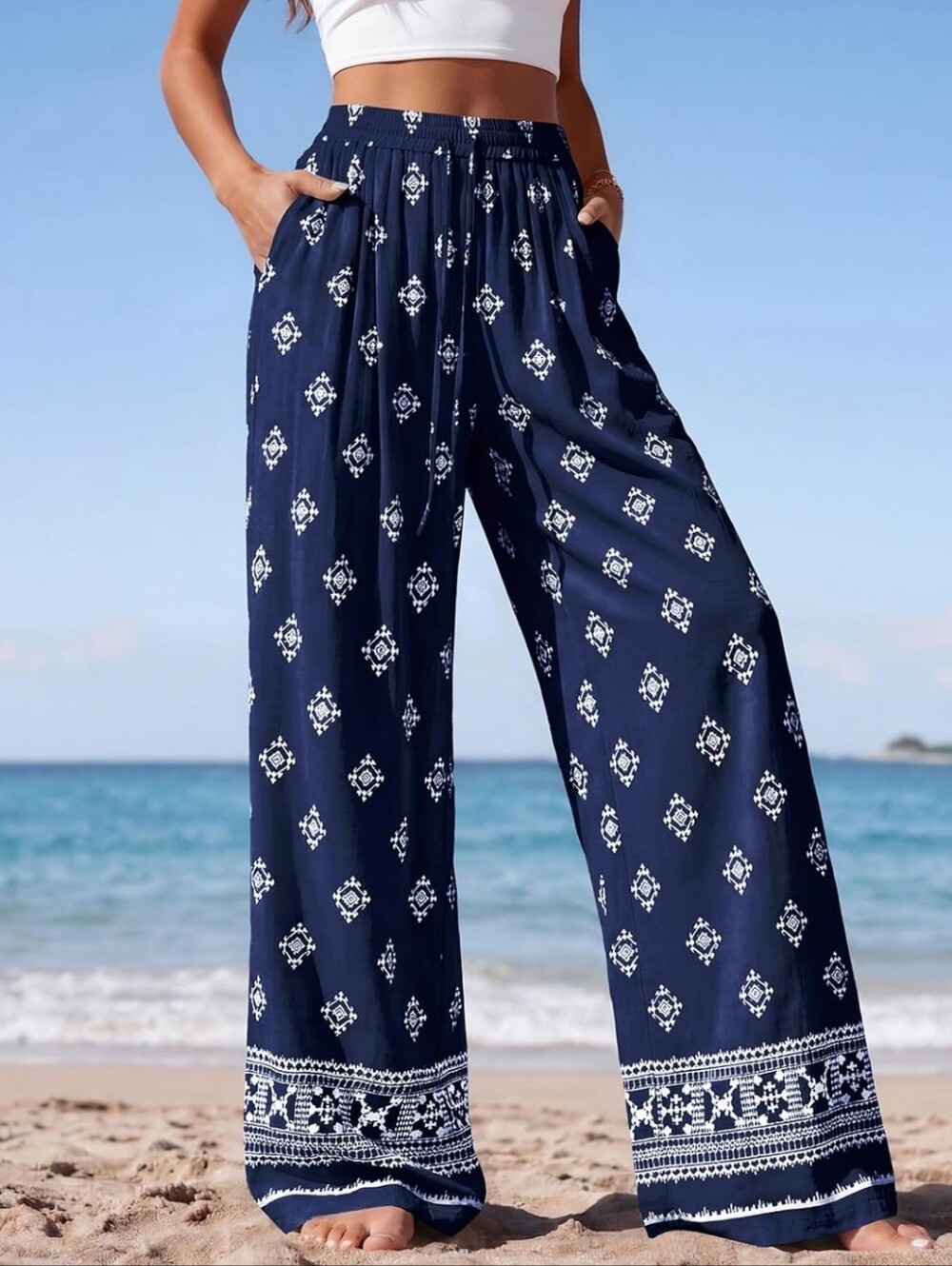 Wide Leg Navy Printed Beach Pants
